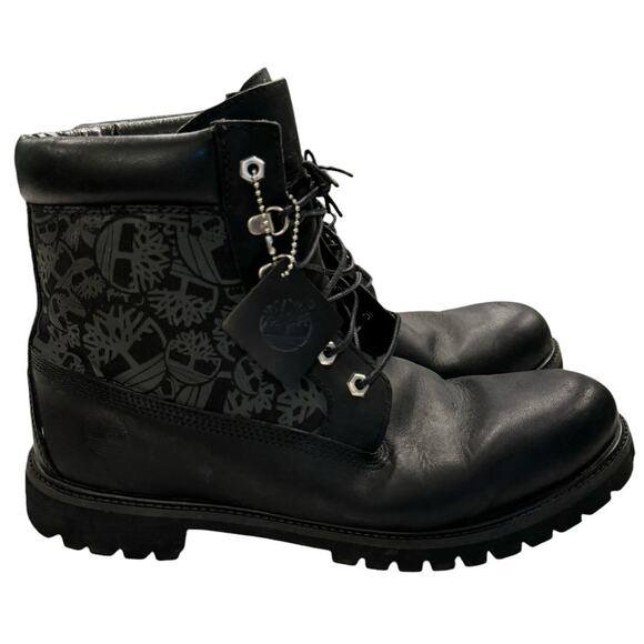 US 13W MEN'S BLACK TIMBERLAND PREMIUM LEATHER WATERPROOF BOOTS LOGO SIDE - Picture 6 of 10